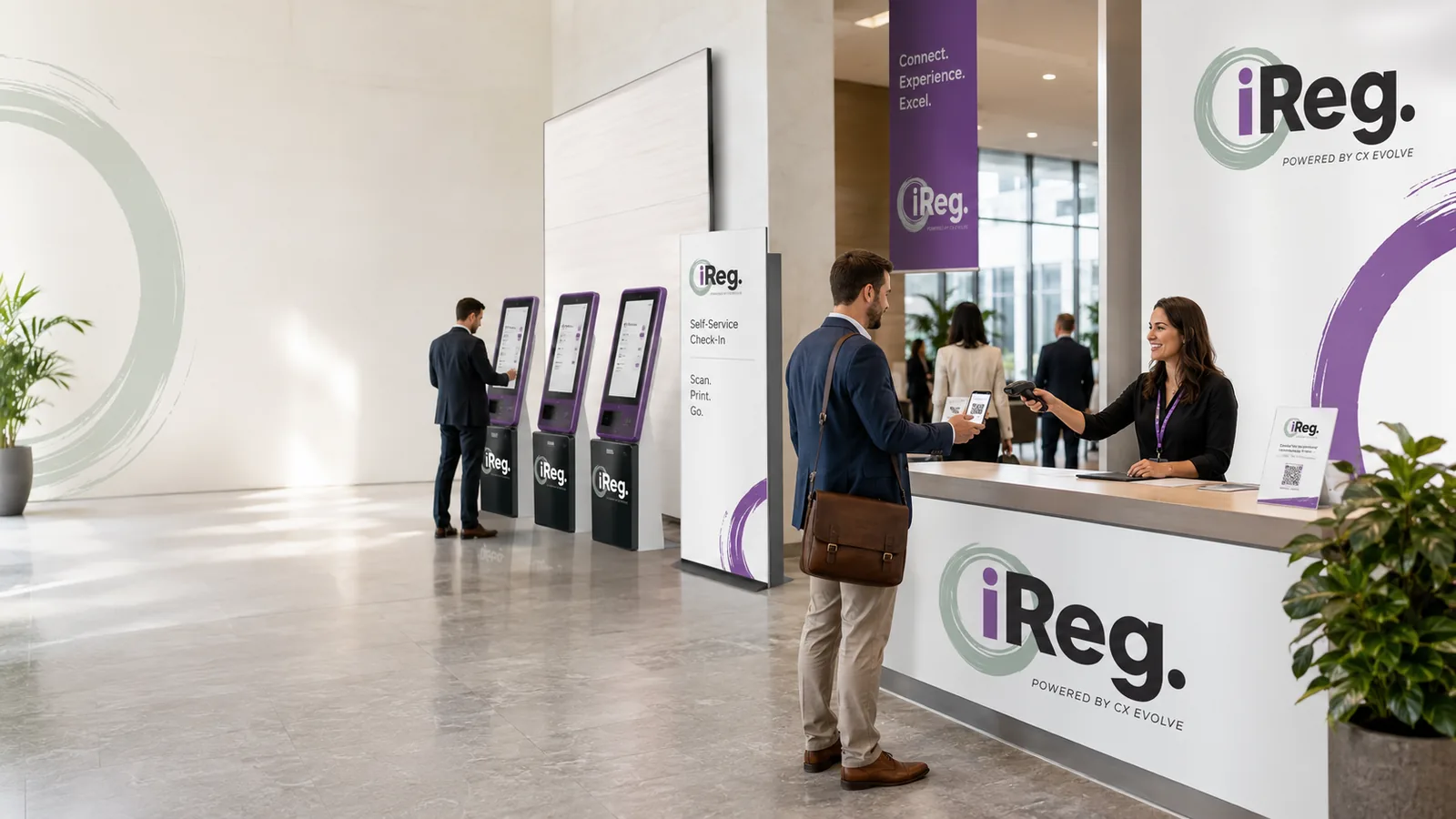 Branded iReg registration area with self-service kiosks and supported check-in