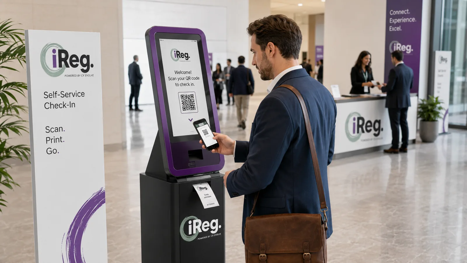 Delegate using an iReg self-service kiosk to scan a QR code and print a badge